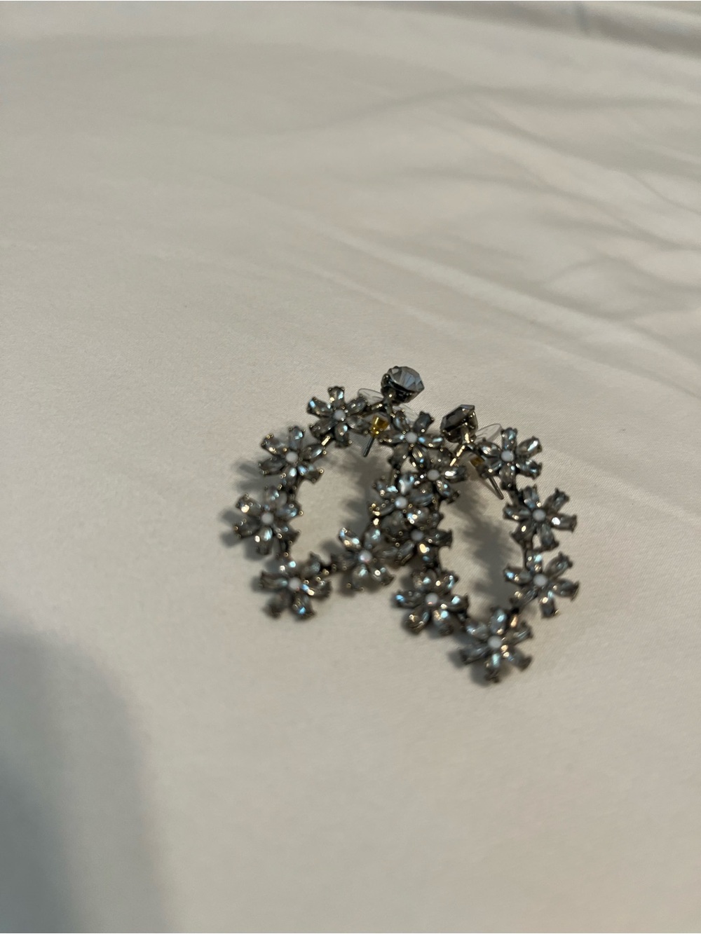 Source Unknown Silver Floral Crystal Hoop Earrings